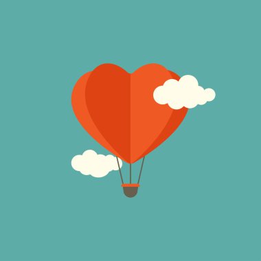 Mavi gökyüzünde bulutlarla uçan kırmızı kalp hava balonu. Düz çizgi film yatay arkaplan. Vektör arkaplanı. Aşk, romantik kart. Aziz Valentine duvar kağıdı