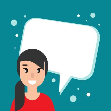 Mavi arka planda konuşma balonu olan mutlu bir kız. Konuşmak, sohbet mesajı, iletişim, kurye konsepti. Beyaz arkaplanda düz vektör çizimi. İpuçları ve renkler. Sorular ve cevaplar.