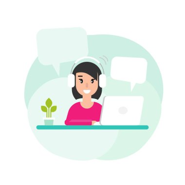 Bilgisayarda konuşma baloncukları olan mutlu serbest çalışan kız. Turkuaz arka planda düz vektör karikatür çizimi. Bilgisayarlı taşeroncu. sohbet, ev işyeri, iş, internet, internet.