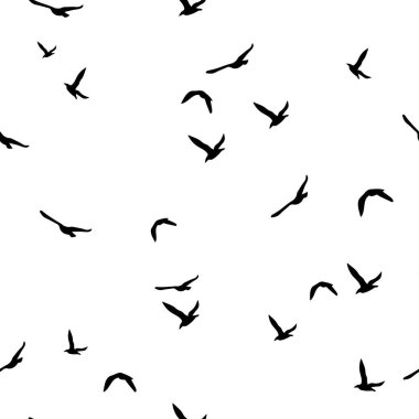 Beyaz arka planda siyah uçan kuşların olduğu kusursuz soyut bir model. Dekoratif duvar kağıdı, baskı ve kumaş için iyidir. Vektör çizimi. Siyah ve beyaz.