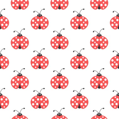 Kusursuz bir geçmişi var. Beyaz üzerinde uçan uğur böcekleri. Parlak yaz vektör illüstrasyonu