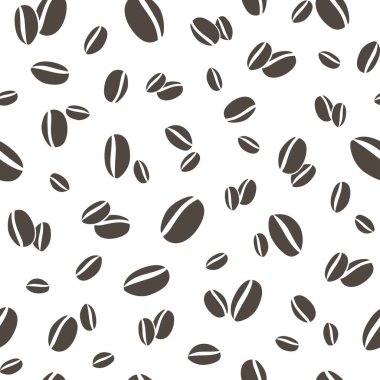 Beyaz arka planda el yapımı kahve çekirdekleri olan kusursuz bir desen. Düz çizgi film vektör süsü. Kağıt ya da kumaş üzerine basmak için iyi.