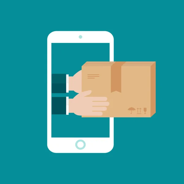 Mãos Correio Parcela Cliente Tela Smartphone Ordem Online Caixa Entrega — Vetor de Stock