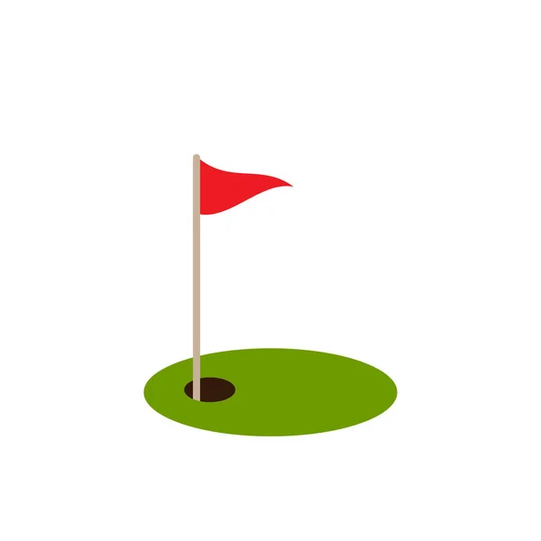 Golfová Červená Vlajka Zelené Trávě Jamce Izolované Bílém Pozadí Plochá — Stockový vektor