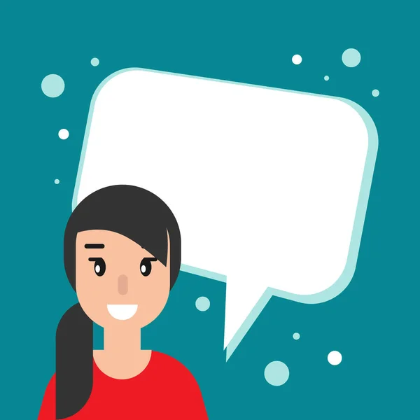 Gelukkig Meisje Met Spraakbel Blauwe Achtergrond Praten Chatten Communiceren Boodschapper — Stockvector