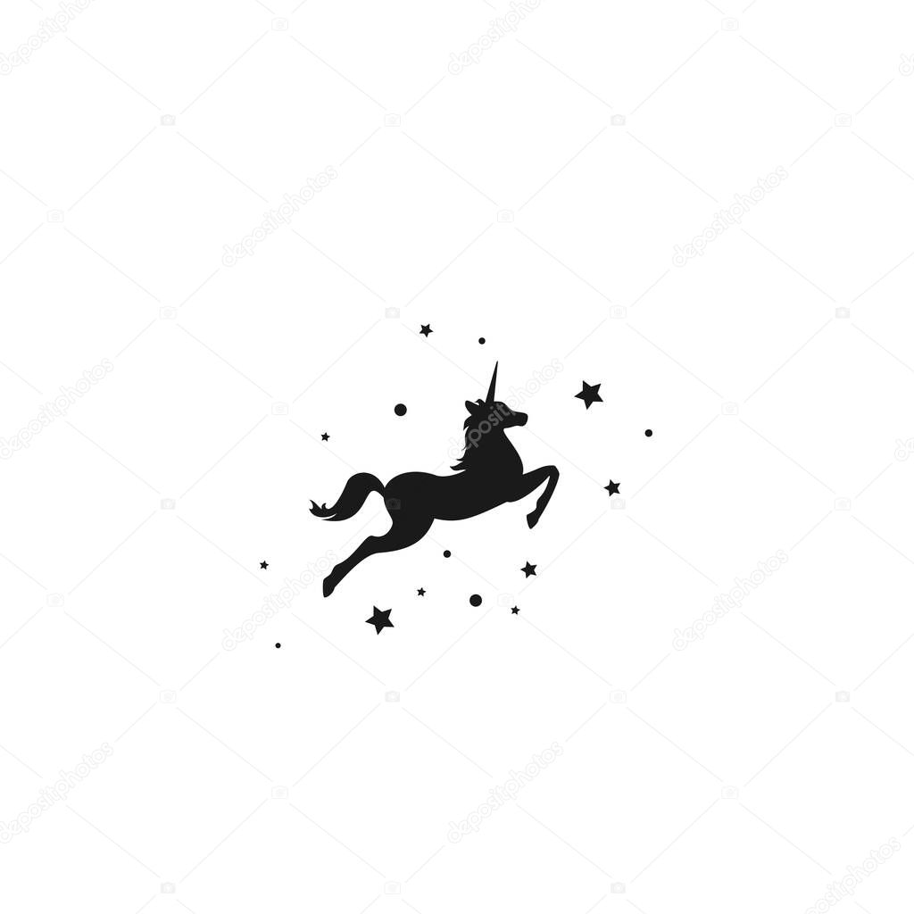 Black silhouette of graceful unicorn and stars. Fairy tale symbol. vector flat icon isolated on white background. magic logo.