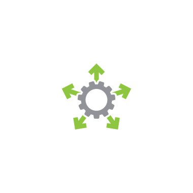 Gri dişli, 5 kırmızı oklu. Beyaz arkaplanda ikon izole edildi. pinion vektör düz çizim teknoloji veya yenilik için. İşaret düğmesi. Ayarlar imzası. Yetenekli, zeki, işaret dilini biliyorsun..