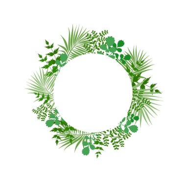 Çiçekli yuvarlak çelenk, bitkisel taç. Dal, dal, dal, böğürtlen ve çimen yapraklarıyla. Boho tarzı. Doğal ve taze. Bahar vektörü illüstrasyonu.