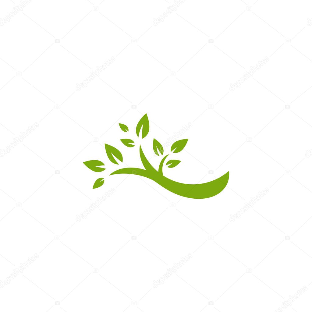 Green curved tree with leaves. Round border with plant. Isolated on white. Flat design. Vector illustration. Ecology frame. Floral clip art. Eco logo. Nature symbol