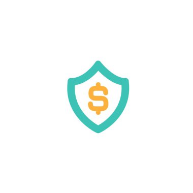 Dolar işaretli mavi kalkan. Korunan gelir, kalkan ikonu. Beyaz üzerine izole edilmiş vektör düz simge. Para kasası fotoğrafı. Yatırımların güvenlik sembolü.