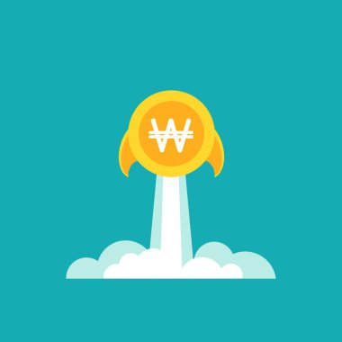 Roket havalanırken Altın Koreli madeni para kazandı. Para biriminin güçlendirilmesi ve döviz kurunun artması. Gelir artışı. Finansal başarı. Düz simge. Beyazda izole edilmiş.