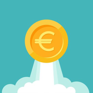 Roket uçarken Euro altın sikke. Para biriminin güçlendirilmesi ve döviz kurunun artması. Gelir artışı. Finansal başarı. Düz simge. Beyazda izole edilmiş.