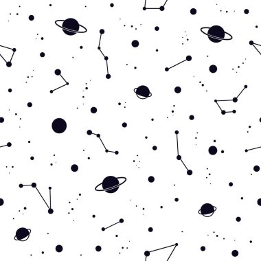 Beyaz zemin üzerinde siyah takımyıldızları, gezegenleri ve yıldızları olan kusursuz bir desen. Vektör çizimi. Gece gökyüzü, evren, uzay. Galaksi geçmişi. Kağıt, ambalaj ve kumaş için kozmos dokusu.