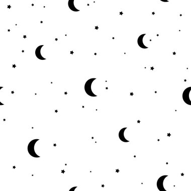 Beyaz arka planda siyah takımyıldızları, yıldızları ve ayı gösteren kusursuz bir desen. Vektör çizimi. Gece gökyüzü, evren, uzay. Galaksi geçmişi. Kağıt ve ambalaj için kozmos dokusu.