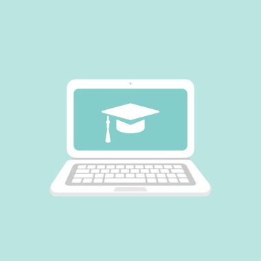 Mezuniyet şapkalı ya da havan tahtalı beyaz laptop monitörü. Mavi üzerine izole edilmiş. Düz vektör simgesi. İnternet bilgi sembolü. İnternet ve mobil tasarım için iyi. Çevrimiçi eğitim, uzak öğrenim