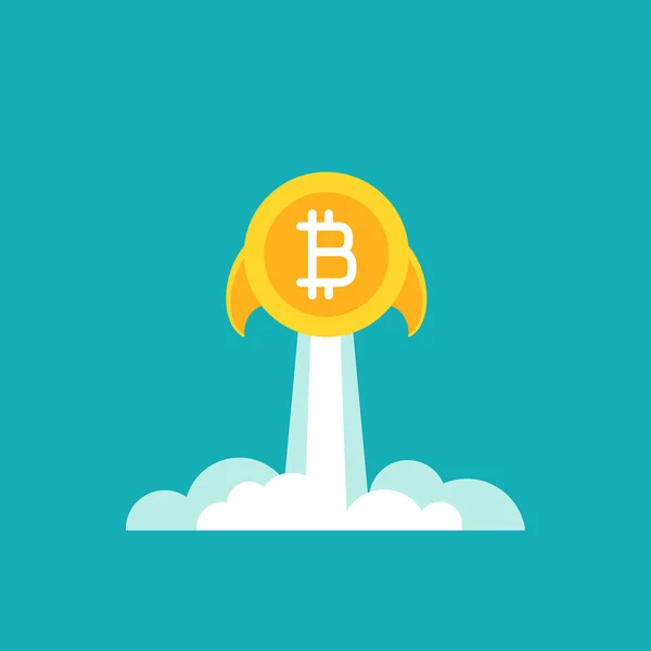 Gold Bitcoin Coin Rocket Flies Currency Strengthening Increasing Exchange Rate — Stock Vector