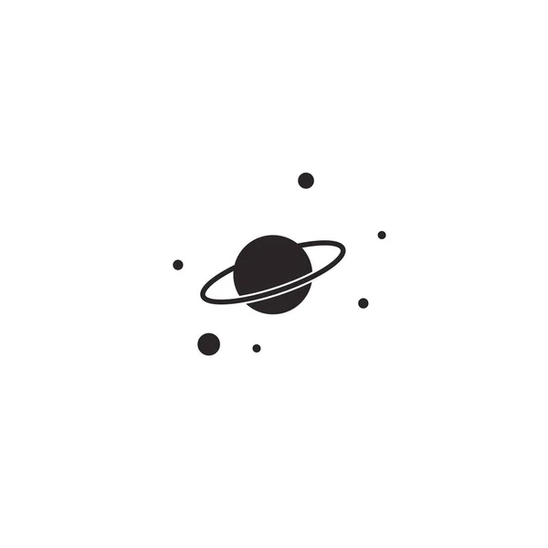 planetwith satellites and stars. Black icon isolated on white. Cosmos, universe, space sign. Science, system, exploration symbol.