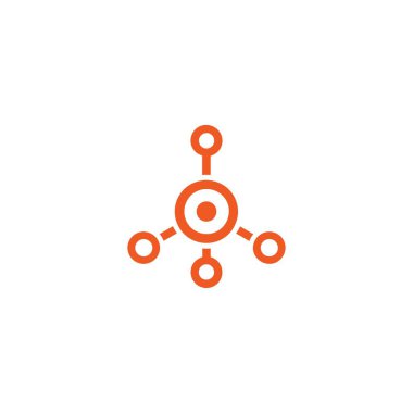Kırmızı hub ağ bağlantı çizgisi simgesi beyazda izole edildi. Teknik veya teknoloji logosu. Sunucu veya merkezi veritabanı düğmesi. Sistem bağları sembolü. Molekül şekli.