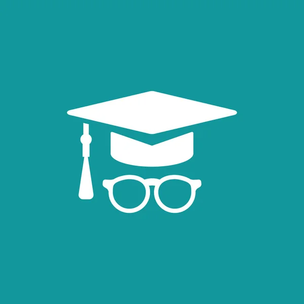青の背景に隔離された眼鏡アイコンを持つ卒業キャップやモルタルボード フラットベクトルイラスト コースロゴ 知識絵文字 — ストックベクタ
