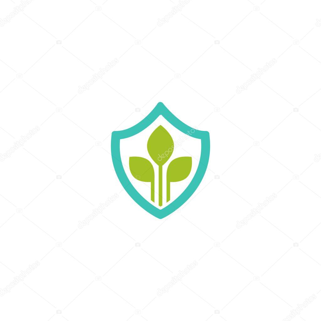 Blue shield with green sprout and leaves. Flat ecology sticker icon.Earth protection sign. Isolated on white. Organic, natural icon, eco friendly logo Vector illustration.