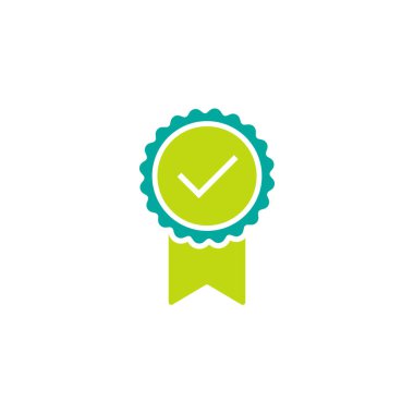 Geçerli mühür simgesi. Kurdeleli ve beyaz keneli yeşil ve mavi daire. Kalite garantisi. Düz Tamam etiket simgesi. Beyazda izole edilmiş. Madalya, en iyi ürün düğmesi. İşaretle. Vektör ödülü illüstrasyonu.