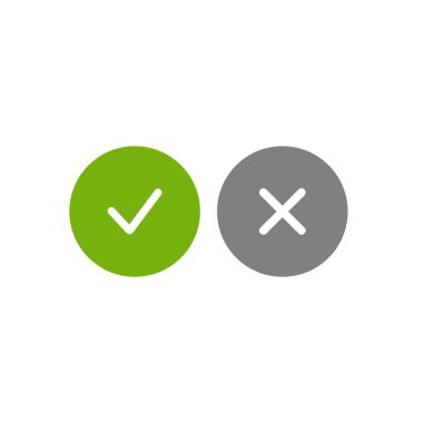 İşaretleme simgeleri kümesi. Beyaz kene ve haç yeşil ve gri daireler şeklinde. Düz çizgi film tarzı. Vektör çizimi. Düz evet ve hayır düğmeleri.