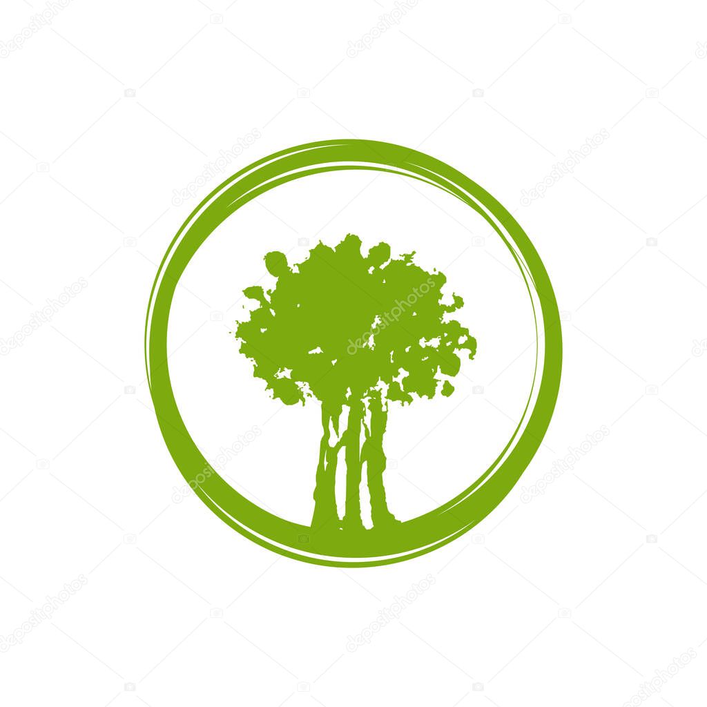 Green paint drawn trees logo isolated on white. organic symbol. Natural, fresh, eco logo. Wild nature. environment day logo. Earth day or Arbor day icon. Vector watercolor illustration.