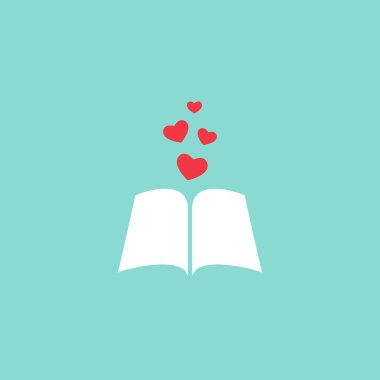 Kırmızı kapaklı ve kırmızı kalpli açık bir kitap. Mavi arka planda izole edilmiş. Bibliyofil düz ikon. Vektör çizimi. Logo okumayı seviyorum. Romantik kitap. Aziz Valrntine kartı
