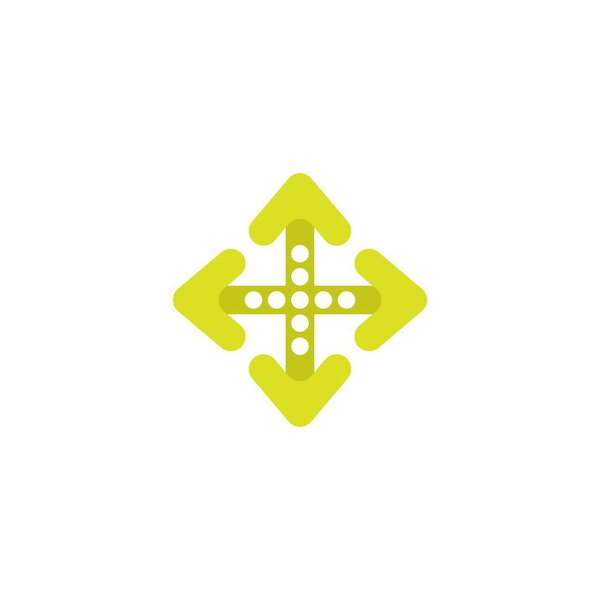 четыре зеленые стильные стрелки с точками указывают из центра. Иконка "Стрелки расширения". Значок Направление наружу. Векторная иллюстрация. Изолированные на белом.