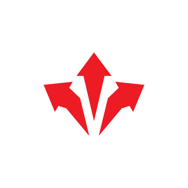 Три красные стрелки указывают на трехстороннее направление. Правой, левой, прямой указатель. Иконка "Стрелки расширения". Иконка "Направления, варианты". Векторная иллюстрация. Изолированные на белом.