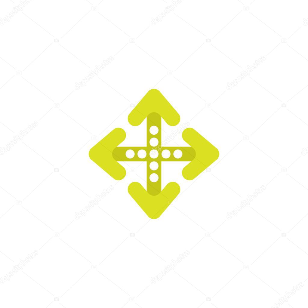 four green stylish arrows with dots point out from the center. Expand Arrows icon. Outward Directions icon. Vector illustration. Isolated on white.