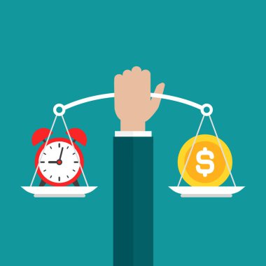 İşadamı elinde dolar bozuk para ve tavada kırmızı çalar saatle beyaz mekanik teraziler tutuyor. Zaman ve para dengesi. Gelir, maliyetler, finansal ölçek. Mavi arkaplanda vektör illüstrasyonu.