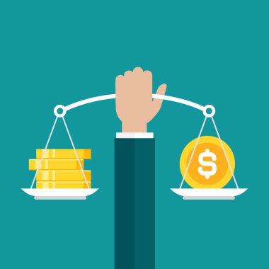 İşadamı elinde altın para ve tavada para yığınıyla beyaz mekanik teraziler tutuyor. Para dengesi ya da döviz kuru. Adalet, hukuk terazisi. Mavi arkaplanda vektör illüstrasyonu.