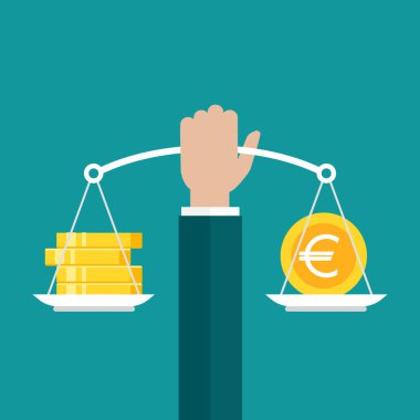 İşadamı elinde altın avroluk para ve tavada para yığınıyla beyaz mekanik teraziler tutuyor. Para dengesi ya da döviz kuru. Adalet, hukuk terazisi. Mavi arkaplanda vektör illüstrasyonu.