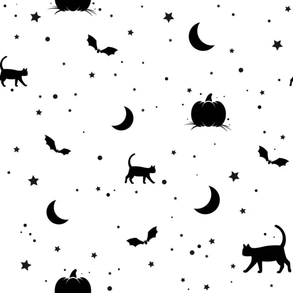 Patrón Sin Costuras Con Gatos Negros Estrellas Calabazas Murciélagos Sobre — Archivo Imágenes Vectoriales