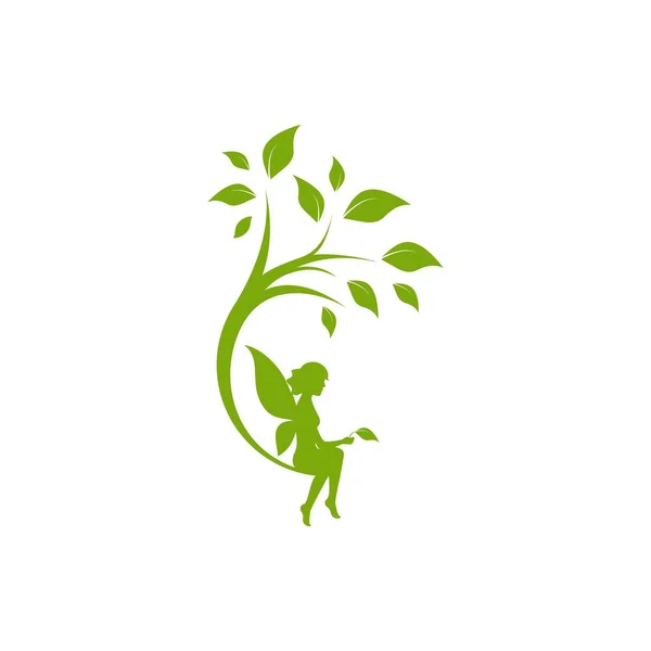 Yeşil ağaç ve peri. Büyü, fantezi, efsaneler, doğa. Beyazda izole edilmiş. Düz dizayn. Vektör çizimi. Çocuklar okuyor. Peri masalı logosu.