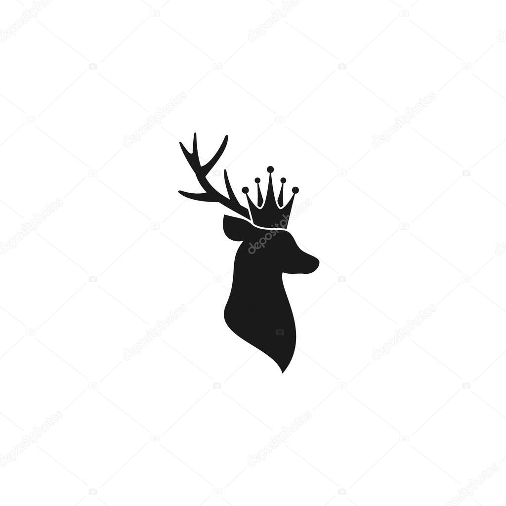 Black silhouette of deer head with antlers and royal crown. Monarchy, coat of arms sign. vector flat icon isolated on white background. Magic, fairy tale symbol.