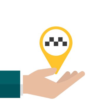 Taksi sarı broşlu bir el. Vektör taksi mobil uygulama simgesi. Çevrimiçi bir taksi çağır, mobil uygulama. UI, UX, KIT. Taksi çağır. Vektör illüstrasyonu beyazda izole edildi.