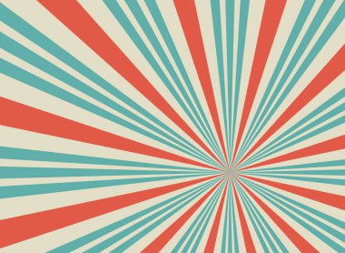 Güneş ışığı yatay arka plan. Soluk kırmızı, mavi, bej renkli arka plan patlaması. Vektör çizimi. Sihirli ışık, güneş ışını duvar kağıdı. Eski kağıt güneş patlaması. Sirk posteri, afiş