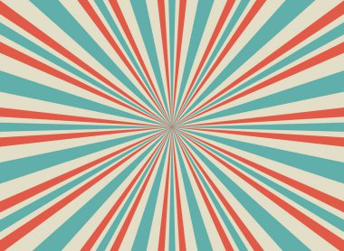 Güneş ışığı yatay arka plan. Soluk kırmızı, mavi, bej renkli arka plan patlaması. Vektör çizimi. Sihirli ışık, güneş ışını duvar kağıdı. Eski kağıt güneş patlaması. Sirk posteri, afiş