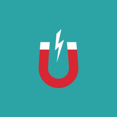 Mavi arka planda manyetik güç işareti olan kırmızı at nalı mıknatısı. u şekilli mıknatıs simgesi. Manyetizma, manyetizma, çekim konsepti. Vektör illüstrasyonu