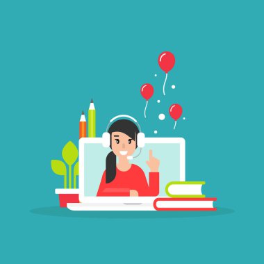 Bilgisayar ekranında kitapları, kulaklıkları ve hava balonları olan mutlu serbest çalışan kız. Düz vektör çizimi. Dış kaynak, ev işi, online, internet, uzaktan kumanda, ev ofisi. Çevrimiçi uzak eğitim.