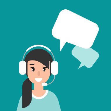 Mavi arka planda kulaklıkları, mikrofonu ve konuşma balonu olan kadın operatör. Düz vektör çizimi. Kulaklıklı kız. Danışmanlık, internet işi, internet. Merkezi ara. yardım hattı