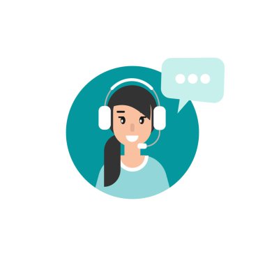 Kulaklıklı, mikrofonlu ve mavi daireli konuşma baloncuklu kadın operatör. Düz vektör çizimi beyaza izole edildi. Kulaklıklı kız. Danışmanlık, internet işi, internet. Merkezi ara. yardım hattı.