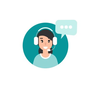 Kulaklıklı, mikrofonlu ve mavi daireli konuşma baloncuklu kadın operatör. Düz vektör çizimi beyaza izole edildi. Kulaklıklı kız. Danışmanlık, internet işi, internet. Merkezi ara. yardım hattı.