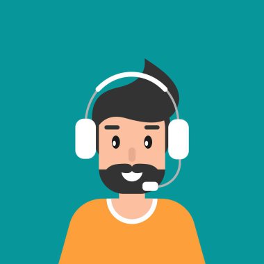 Kulaklık ve mikrofonlu operatör. Düz vektör çizimi mavi üzerine izole edildi. Kulaklıklı adam. Danışmanlık, internet işi, internet. Merkezi ara. yardım hattı.