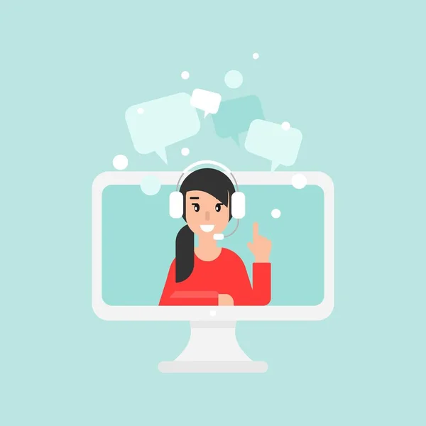 Happy operator on computer screen with headphones and microphone. flat vector illustration on blue background. girl with headset on laptop. consulting, job online, internet. Call center. help