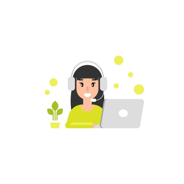 Boldog Operatőr Lány Számítógéppel Fejhallgatóval Mikrofonnal Lapos Vektor Illusztráció Fehér — Stock Vector