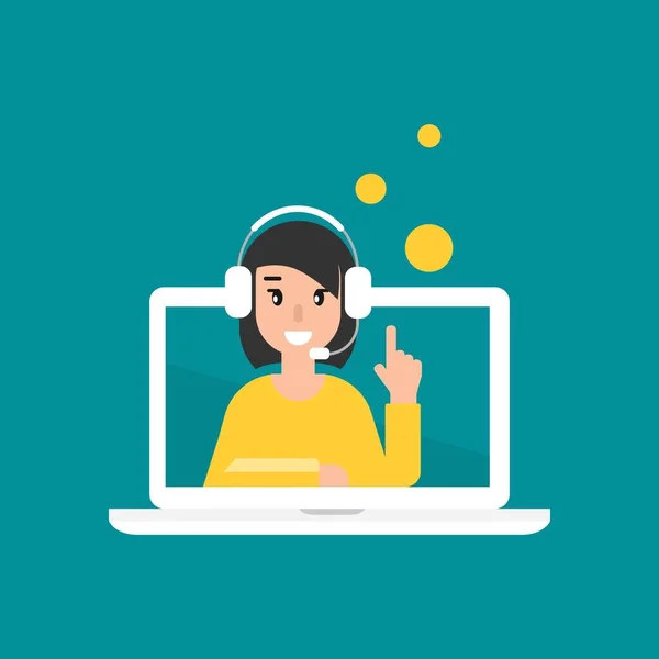 Happy operator on computer screen with headphones and microphone. flat vector illustration on blue background. girl with headset on laptop. consulting, job online, internet. Call center. help