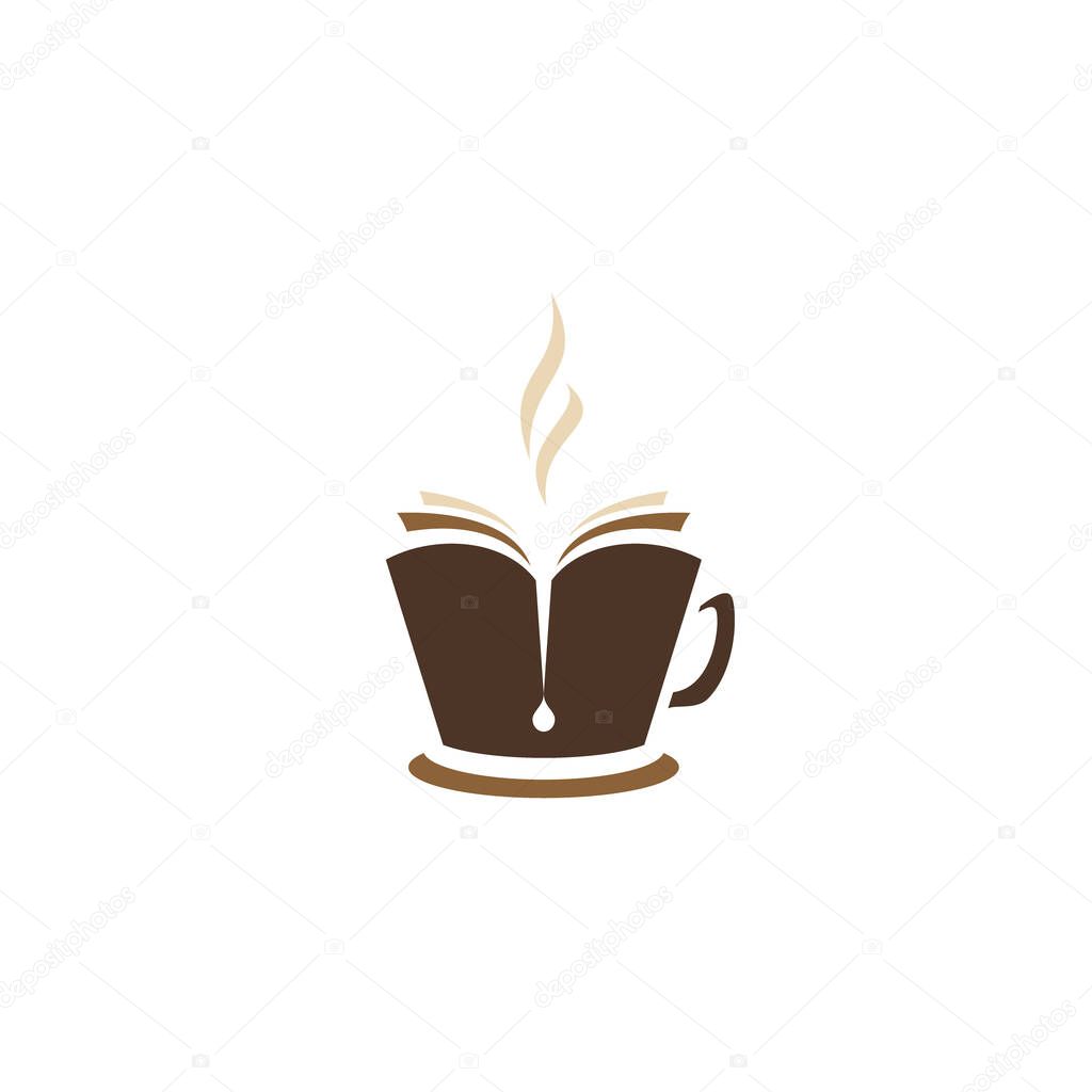 open book as a hot cup of coffee with steam. Reading club, book club, hobby logo logo isolated on white background. Vector illustration. Knowledge logo. Education pictogram.